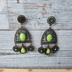 Bohemian Style Bronze Tone Chandelier Green Stone Earrings